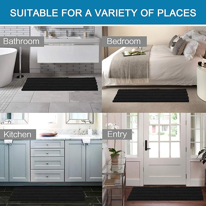 H.VERSAILTEX Bathroom Rugs Bath Rug Set 2 Piece Bathroom Contour Rug Toilet Mat Sets Non Slip Contour Bath Rug Ultra Thick Water Absorbent Striped Bath Mats Washable(47" x 17" Plus 20" x 20" U, Black)