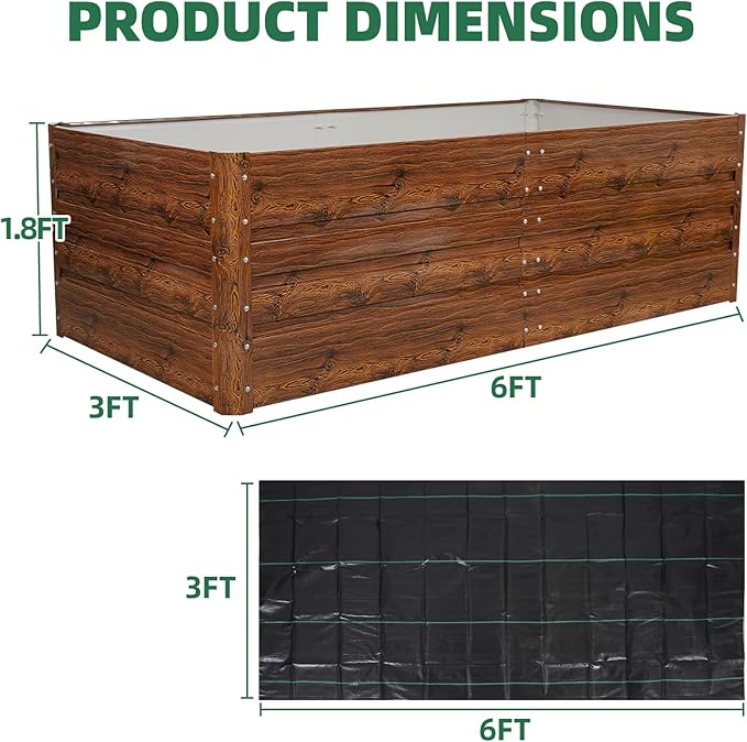 G GOOD GAIN 6x3x1.8ft Raised Garden Bed - Metal Planter Box Outdoor with Weed Barrier Fabric | Deep Root Raised Beds for Gardening Vegetables Flowers Herb Fruits (Wood Grain)