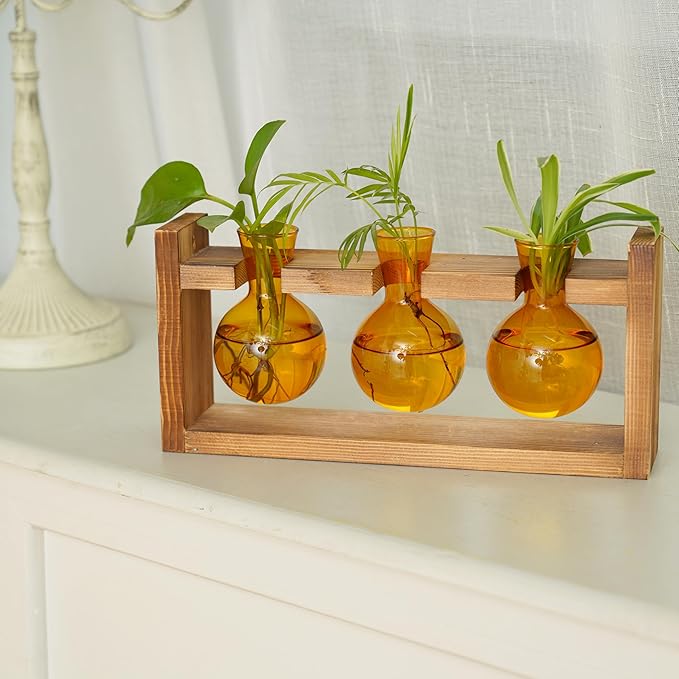Kingbuy Glass Plant Terrarium Propagation Station - 3 Bulb Colored Vases with Retro Wood Stand Indoor Garden Planter - Wall Mounted & Desktop Decor for Home Kitchen Wedding, Plant Lover Gift, Amber
