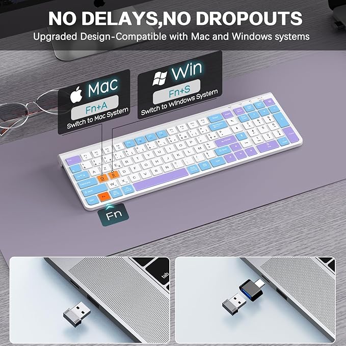 JOYACCESS Wireless Keyboard,Ergonomic Computer Keyboard,Silent Compact Cordless,Low Profile with Numeric Pad for Mac/Windows/PC/Desktop/Laptop-Purple Blue