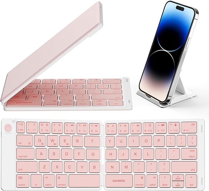 Samsers Bluetooth Foldable Keyboard - Wireless Portable Folding Keyboard, Full-Size Ultra-Slim Rechargeable Connect Up to 3 Devices for iOS, Android, Windows Phone, Tablet, Laptop - Pink
