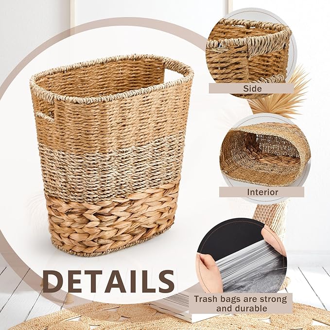 2 Pcs Wicker Trash Can with 50 Small Trash Bag Wicker Waste Woven Basket with Handles Clear Multi Use Garbage Bags for Bathroom Kitchen Bedroom