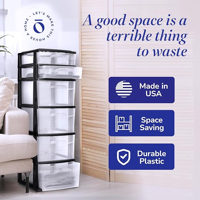 HOMZ 2-Pack Drawer Tower, 6-Tier Clear Plastic Storage Organizer Cart, Black Frame - Organizing Containers for Home, Office, Bathroom, Bedroom, and Classroom