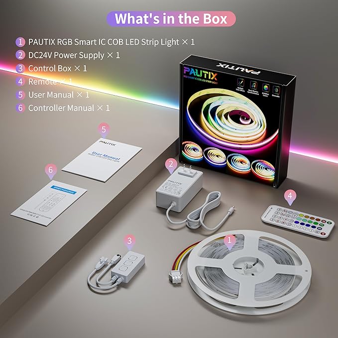 PAUTIX RGB Smart IC COB LED Strip Light Addressable 16.4ft/5m,UL-Listed 24V Color Flowing Strip Light Multicolor Flexible Tape Light Kit with APP Control/Music Mode,for TV,Bedroom,Party DIY Decoration