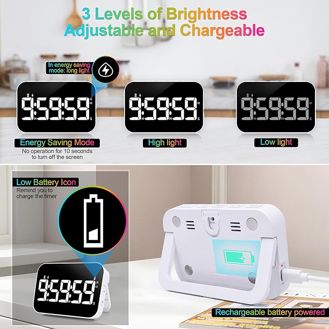Kitchen Digital Timer, Rechargeable Magnetic Timers with Countdown/up, Kids Timer with 5”LED Display 3 Brightness 4 Volume Adjustable for Classroom/Office/Home/Work/Study/Fitness/Game-White
