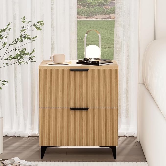 Royal Windsor Small Fluted Nightstand Set of 2 with 2 Drawers, Side End Table, Small Accent Storage Cabinet,Modern Night Stand Bedside Table for Bedroom Full Size Bed,Natural Oak