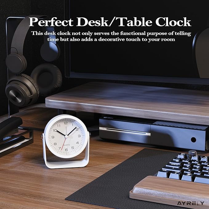 AYRELY® 3.5 Inch Small Analog Alarm Clocks,Battery Operated Desk Clock,Cute Table Clock with Light，Adjustable Angle for Travel,Bedside,Bedroom,Kids,Living Room Decor (White)