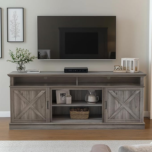Fireplace TV Stand with Double Barn Doors and Storage Cabinets, Farmhouse Entertainment Center for TVs up to 80", Mid Century Modern Media TV Console Table for Living Room Bedroom(Gray)