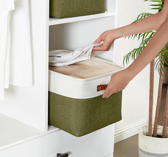 DECOMOMO Fabric Storage Bins - Storage Baskets for Shelves, Linen Closet Organization (Olive Green & White, Large - 3 Pack)
