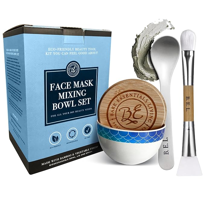 Bare Essentials Living - Clay Face Mask Mixing Bowl Set, Skin Care Kit Facial Bowls with Bamboo Lid, Face Mask Spoon, & Dual Sided Face Mask Brush Applicator for DIY Facial & Hair Clay Mask (Mermaid)