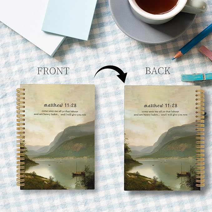 Mountain Lakeside Christian Spiral Notebook, Matthew 11:28 Bible Verse Journal, Religious Notebooks for School Work, Christian Office Supplies, Bible Gifts for Women Men, 5.5x8.3 Inch