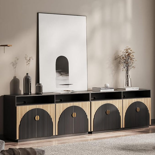 BELLEZE Set of 2 65 Inch Fluted TV Stand, Mid Century Modern Entertainment Center with Storage Cabinets & Open Shelves, Media Console TV Cabinet with Adjustable Shelves for Living Room, Camel