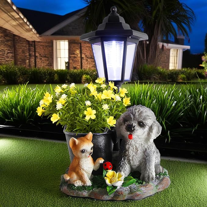 Garden Dog Statue,Resin Teddy & Cat Figurine with Solar LED Light,Flower Pots Planters Pots for Succulent,Outdoor Sculpture for Patio Balcony Yard Lawn Decor,Unique Gift for Dad Mom Grandma