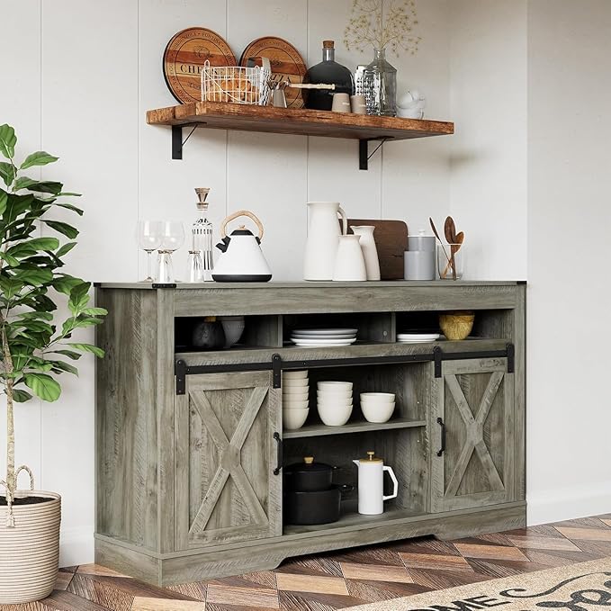 RoyalCraft TV Stand for 65+ Inch TV: Farmhouse Entertainment Center with Storage, Wood TV Console Cabinets with Sliding Barn Door, Tall Media with Adjustable Shelves for Living Room, Light Grey