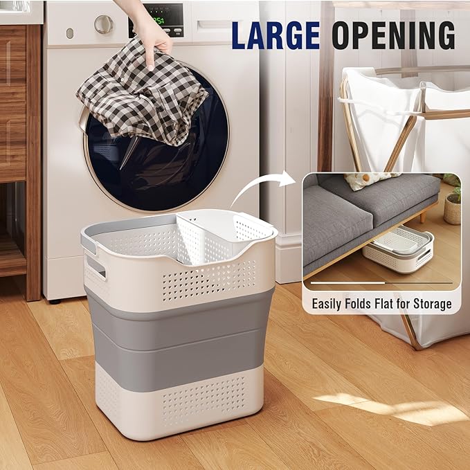 TECHMILLY Collapsible Plastic Laundry Basket Hamper with Handles, 35L Portable Rubber Clothes Basket, Pop Up Storage Container/Organizer with Hanging basket for Washing & Storage, Grey