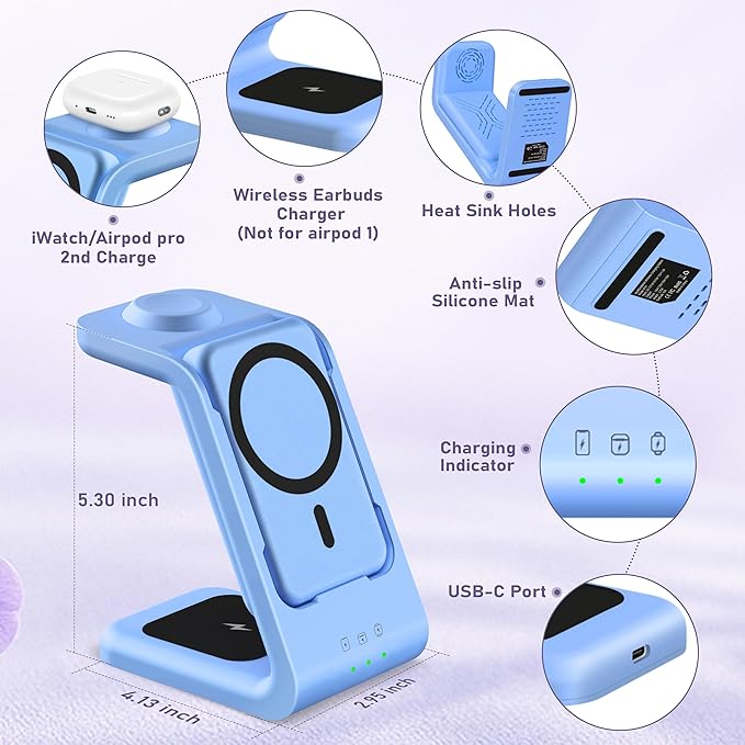 3 in 1 Wireless Charging Station: 5000mAh Removable Power Bank Charger Stand for iPhone/Apple Watch/Airpods - Portable Magnetic Battery Pack for Air 17 16 15 14 13 12 Series Blue