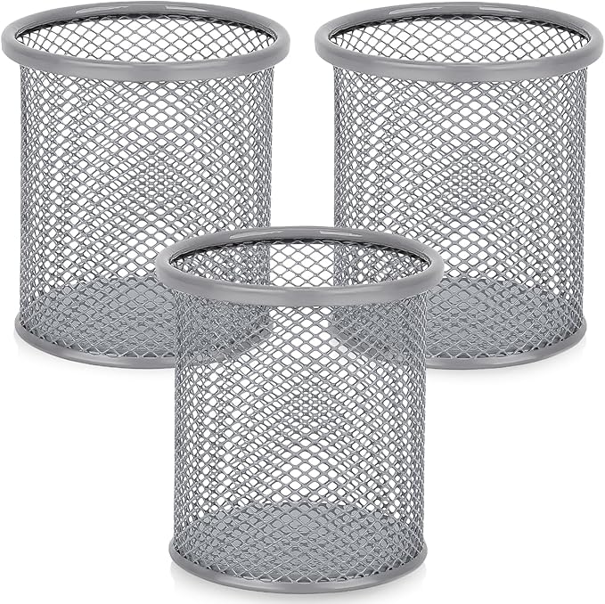 Segarty Pen Holder for Desk, 3 Pack Round Silver Pen Holder, Wire Mesh Pencil Cup Holder Containers Set, Desktop Organizer for Office Supplies, School Classroom, Home, Makeup Brush