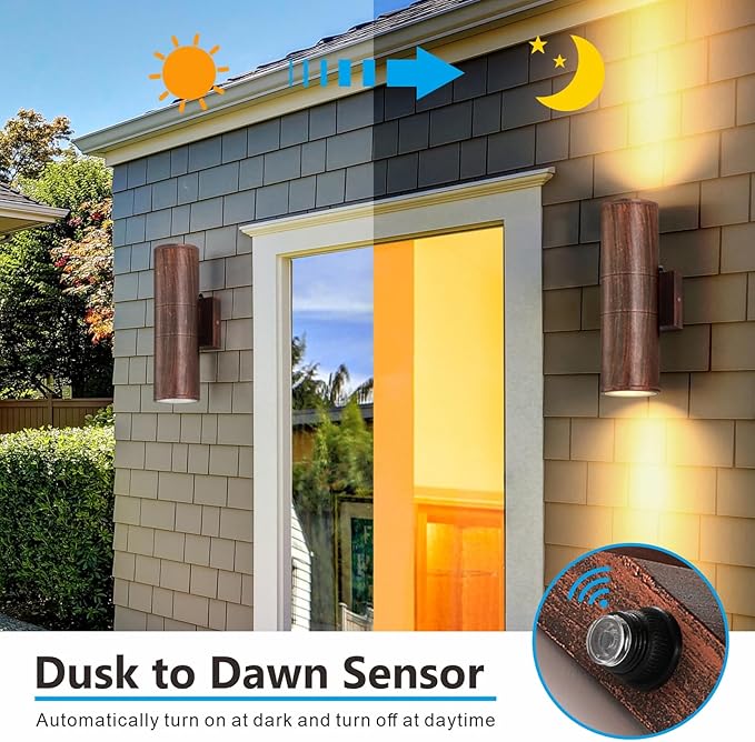 Dusk to Dawn Outdoor Lighting Sensor Wall Lights 2Pack, 12W 2700K Integrated LED Cylinder Up Down Lights Outdoor, IP65 Waterproof Aluminum Wall Sconce Exterior Wall Light for Porch Patio etc.