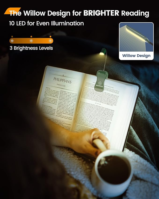 Glocusent Willow Book Light for Reading in Bed, 10LED Bright Reading Light, 3 Colors & 3 Brightness, Rechargeable Book Light Lasts for 80hr, Lightweight Clip on Book Light, Perfect for Book Lovers