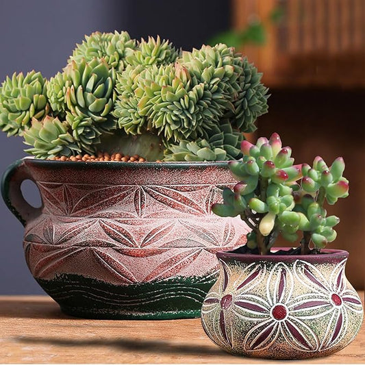 Ceramic Succulent Pot with Drainage Hole, Bohemia Rustic Decorative Planter, Set of 2, Indoor Outdoor