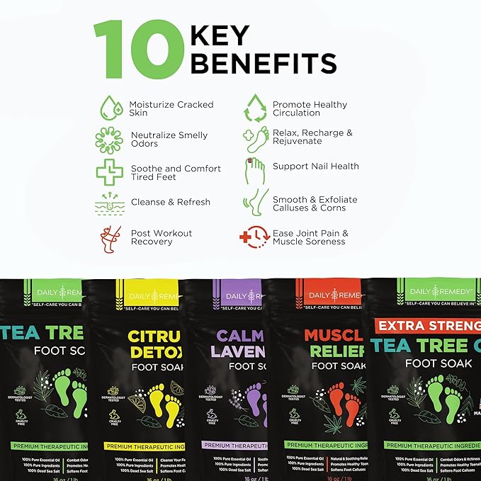 DAILY REMEDY Foot Soak Salts- Variety Pack of 4- Tea Tree Oil, Muscle Relief, Calming Lavender & Citrus Soak- For Foot Pain, Soreness, Athlete’s Foot, Odors, Calluses-Made In USA