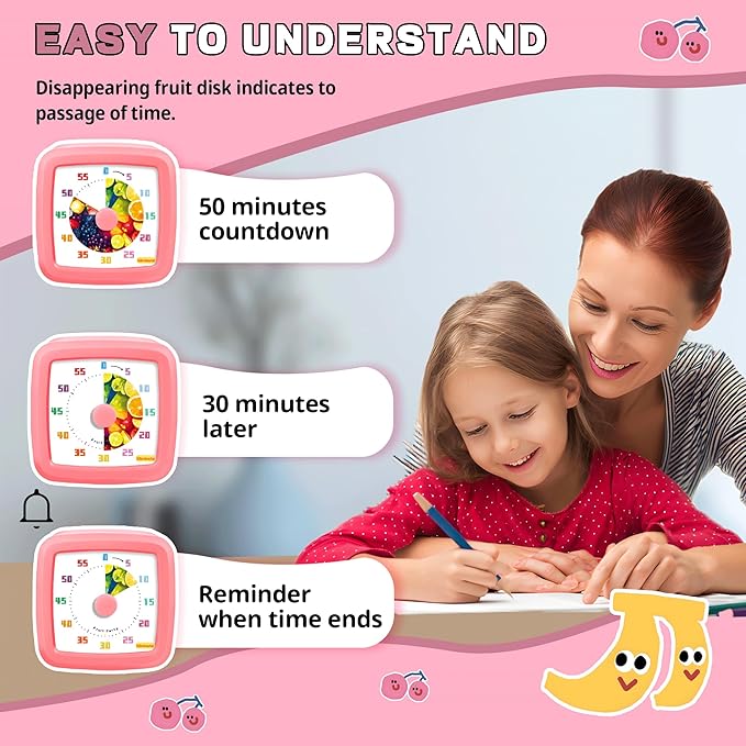 Visual Timer for Kids 60 Minute, Fruit Themed Silent Countdown Clock for Girls & Boys, Time Management Tool for Classroom, Kitchen, Toddler ADHD, Autism, Study, Pomodoro