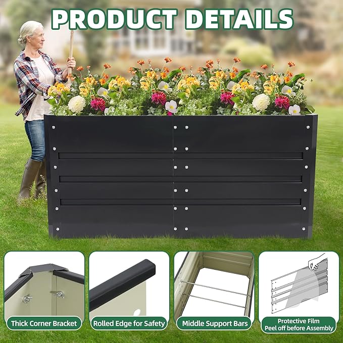 G GOOD GAIN 4x2x1.8ft Raised Garden Bed - Metal Planter Box Outdoor with Weed Barrier Fabric | Deep Root Raised Beds for Gardening Vegetables Flowers Herb Fruits (Dark Gray)