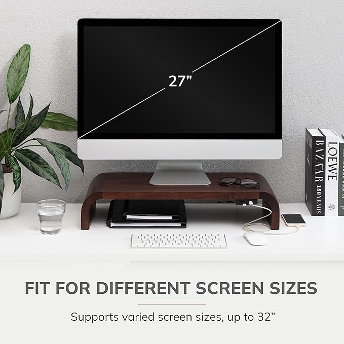 Anji Mountain Wood Monitor Stand Riser Desk Desktop Organizer Table for Home, Office Workspace, Laptop Riser, Ergonomic Design Stand for Gaming Setup, with Power Source, Walnut