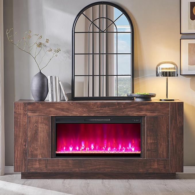 OKD Modern 70" Fireplace TV Stand with 36" Electric Fireplace, Entertainment Center for TVs Up to 80", Media Console with Side Cabinets, Thick Wood Design for Living Room, Dark Walnut
