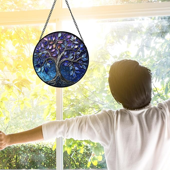 Stained Glass Window Hanging, Blue Purple Tree of Life Sun Catchers Colorful Glass Panel Plants Suncatcher Decor for Birthday for Women,Men,Wife, Lovers, and Mom 6.3 in