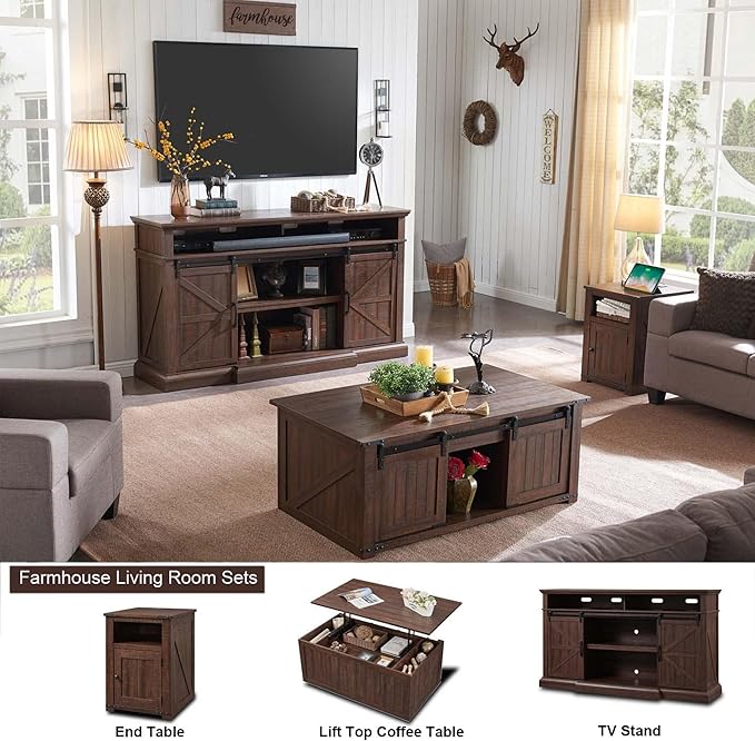 Farmhouse TV Stand for 80 Inch TVs, 37.4"Tall Entertainment Center w/Storage Cabinets and Sliding Barn Door, Media Console Cabinet w/Soundbar & Adjustable Shelves for Living Room, 70 inch (Brown)