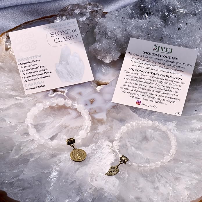 Bivei Natural Semi Precious Gemstone beads bracelet for women - Life Tree and Leaf Charm Energy Reiki Crystal Stretch Bracelets