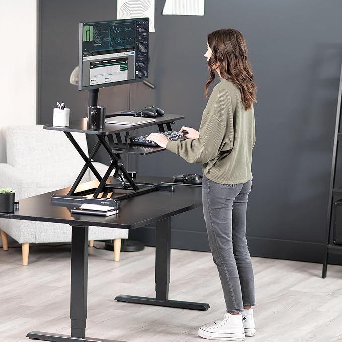 VIVO 42 inch Desk Converter, K Series, Height Adjustable Sit to Stand Riser, Dual Monitor and Laptop Workstation with Wide Keyboard Tray, Black Carbon Fiber Top, Black Frame, DESK-V042KR