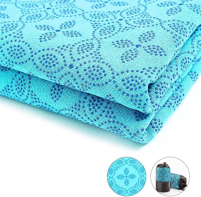 Yoga Towel, Hot Yoga Mat Towel - Sweat Absorbing Non-Slip for Hot Yoga, Pilates and Workout, 24x72 inches with Upgraded Clover-Shaped Grip Dots (Light Blue)
