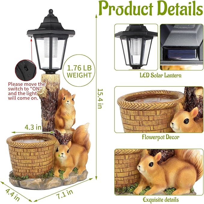 Solar Squirrels Outdoor Statues, Garden Sculptures with Flowerpot Decor & Solar Lantern for Yard Art Lawn Ornaments Porch Patio Balcony - Birthday Gifts for Women Mom