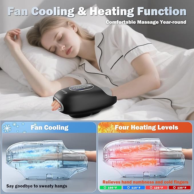 Hand Massager with 9 Modes and 4 Heating Options for Hot and Cold Therapy Hand and Wrist Massager for Arthritis and Carpal Tunnel Relief, Hand Massager with Heat and Compression, Black