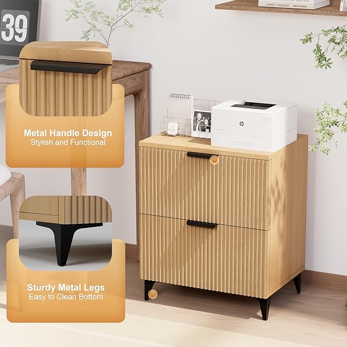 Royal Windsor Small Fluted Nightstand Set of 2 with 2 Drawers, Side End Table, Small Accent Storage Cabinet,Modern Night Stand Bedside Table for Bedroom Full Size Bed,Natural Oak