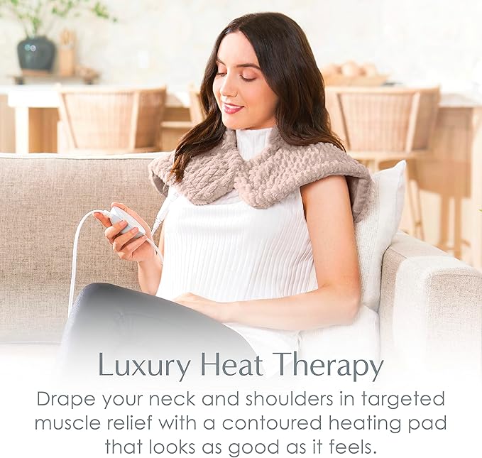 Pure Enrichment PureRadiance Neck & Shoulder Luxury Heating Pad for Pain Relief, Patented Design, Soft Faux Fur & Micromink, 6 Heat Settings, Machine Washable, Universal Fit, 16” x 22” (Rose Quartz)