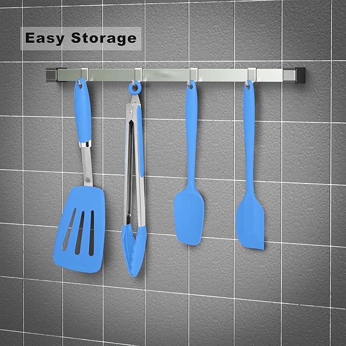 Silicone Spatulas Set Turners Tongs Cooking Utensils Set High Heat Resistant Kitchen Scraper Spatulas for Cooking Mixing Baking BPA Free Dishwasher Safe, Blue
