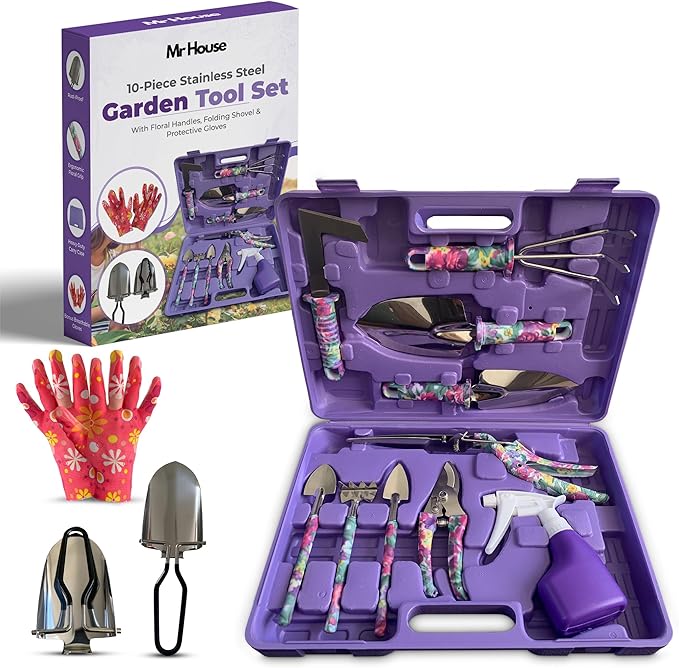 Gardening Tools Set 12-Piece Garden Tool Set – Rust-Resistant Stainless Steel Hand Tools, Gardening Kit with Heavy Duty Folding Shovel, Floral Handles & Durable Carry Case, for Women