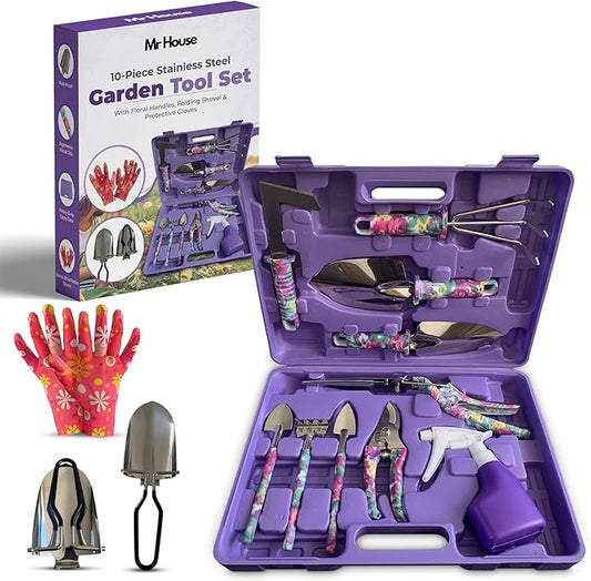 Gardening Tools Set 12-Piece Garden Tool Set – Rust-Resistant Stainless Steel Hand Tools, Gardening Kit with Heavy Duty Folding Shovel, Floral Handles & Durable Carry Case, for Women