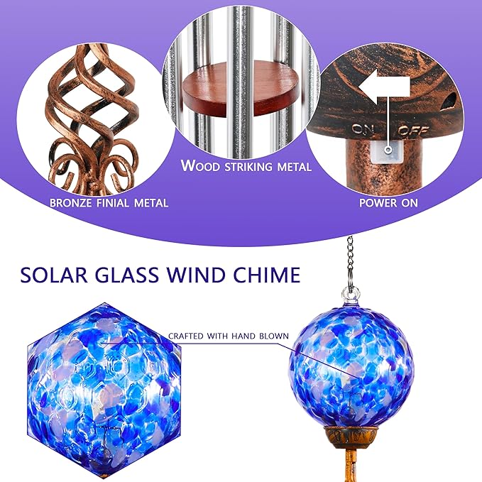 Wind Chimes, Solar LED Outdoor Garden Lighting, Dark Blue Glass and Metal Wind Chime Lawn and Yard Decoration with Bronze Metal Finial, 5 x 46.5 Inch