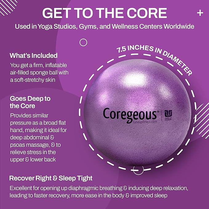 Tune Up Fitness – Coregeous Ball | Psoas Release Tool, Abdominal, Belly & Lower Back Release | Core Ball, Exercise Ball for Low Back, Stress & Digestive Relief, Improved Breathing & Sleep (Iris)