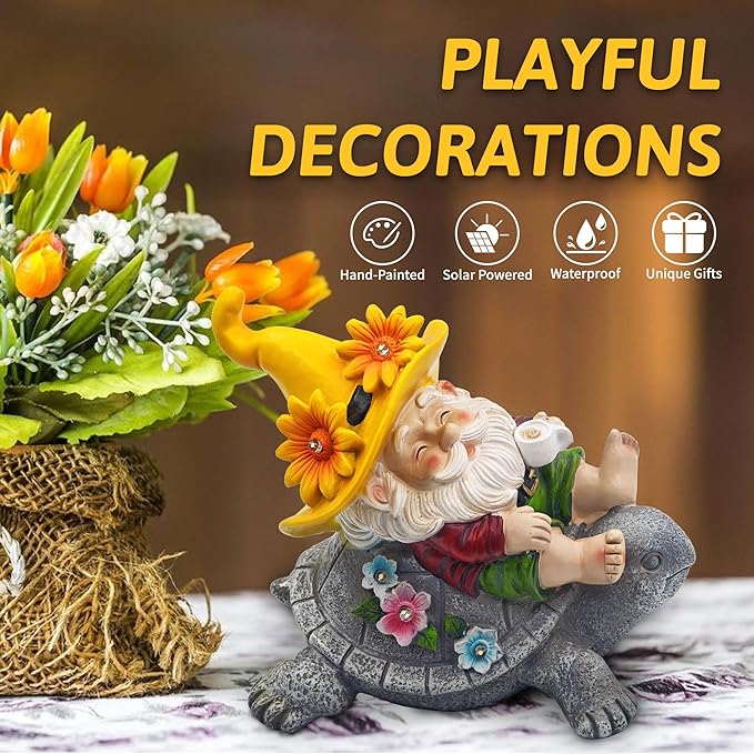 Garden Gnomes Outdoor Decor: Funny Sunflower Gnome Sitting on Turtle with Solar Lights Outside Decoration for Lawn Yard Patio Garden Gifts for Women