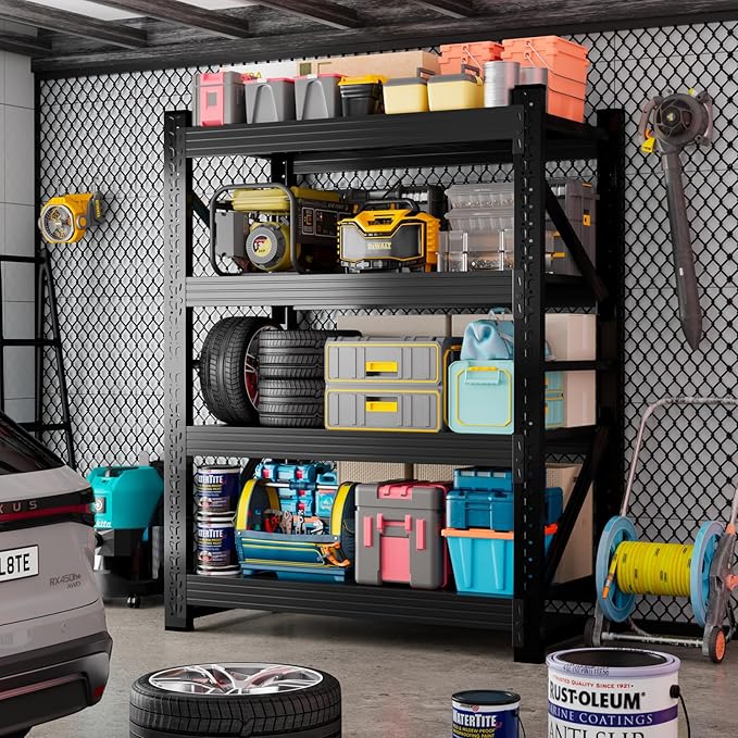 Kobito 4000LBS Garage Storage Shelves, 47" W Garage Shelving Heavy Duty Adjustable Shelving Unit, 4 Tier Metal Utitly Shelves Industrial Shelving for Warehouses,Basement,Black