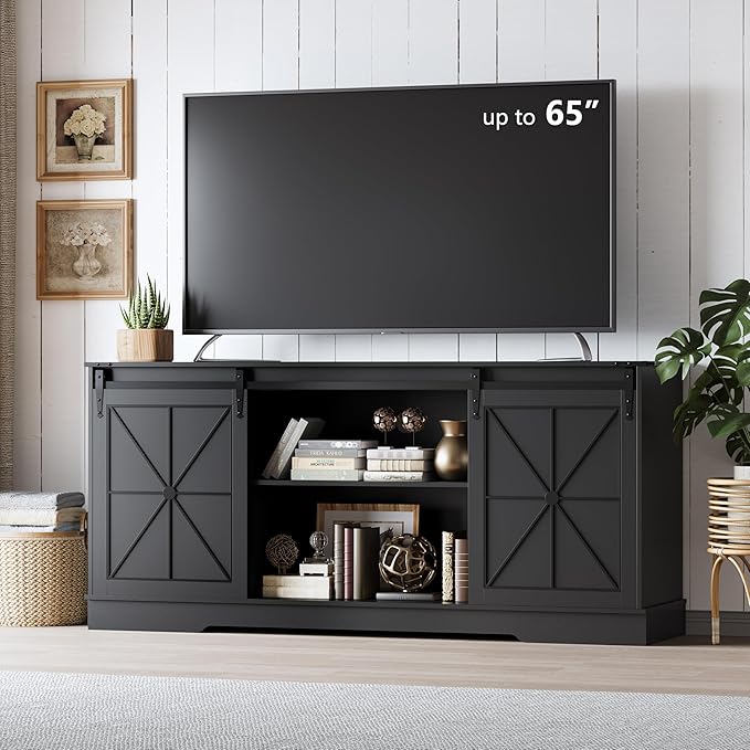 Farmhouse TV Stand for 65/60/55 Inch Tvs, Rustic Entertainment Center with Storage Cabinets & Sliding Barn Doors, Modern Media Console Table, Wood Television Furniture for Living Room, Bedroom, Black