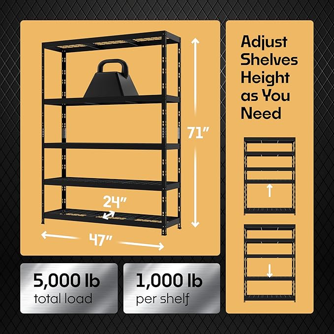 Metalkast Heavy-Duty Metal Garage Shelving | 71" H x 47" W x 24" D | Adjustable Industrial Storage Rack with Wire Shelves | 5-Tier Steel Shelving Unit, 5,000LB Capacity, Rust-Resistant Coating