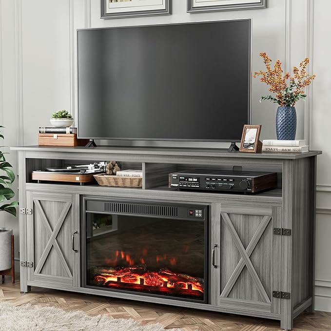 YESHOMY Fireplace TV Stand for Television up to 65+ Inch with Storage and Farmhouse Barn Doors, Entertainment Center with Cabinet and Shelves, Media Console for Living Room, Gray Wash