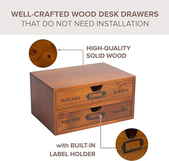 Stackable Apothecary Cabinet 4 Drawer Desk Organizer - Vintage Library Card Catalog Wood Storage Box - Office Desktop Dresser for Stationery, Thread Embroidery, Sewing, Crafts, Junk Drawer & Supplies