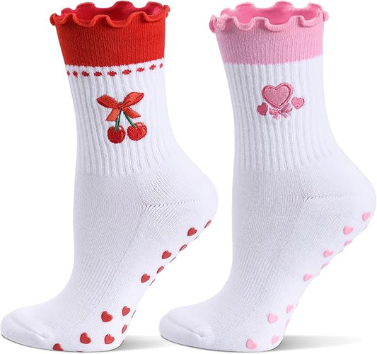 Cute Pilates Socks with Grips for Women Ruffle Cuff Embroidery Non Slip Yoga Socks for Workout, Barre, Pilates Gifts
